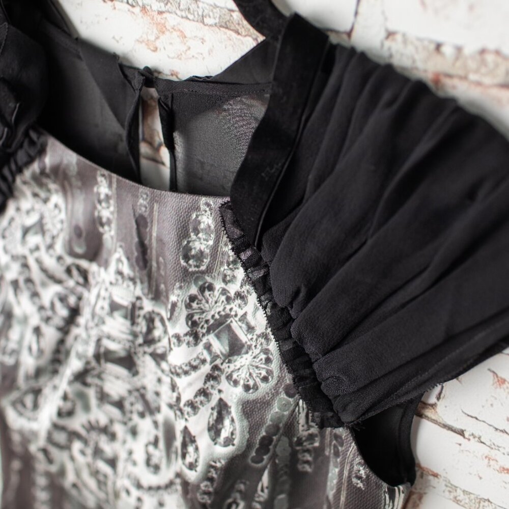 NEW Karen Millen Silk Gray Black Diamond Print Velvet Bow Cutout Mini Dress 4 - Picture 4 of 10